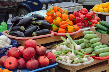 Vegetables and fruits on the counter of city market. Russia