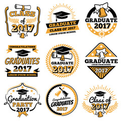 Fototapeta premium Vintage student graduate vector badges. Graduation celebration labels