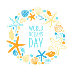 Cute World Oceans Day background with hand drawn shells and starfishes and hand written text