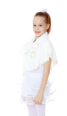 Little gymnast in a white suit.