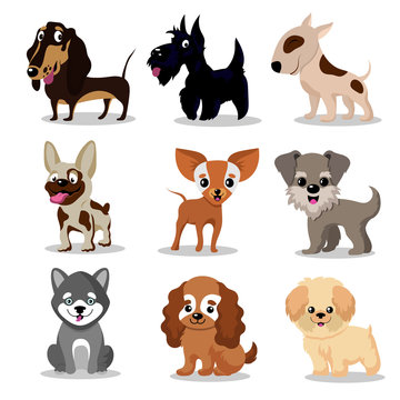 Cute happy dogs. Cartoon funny puppies vector characters collection