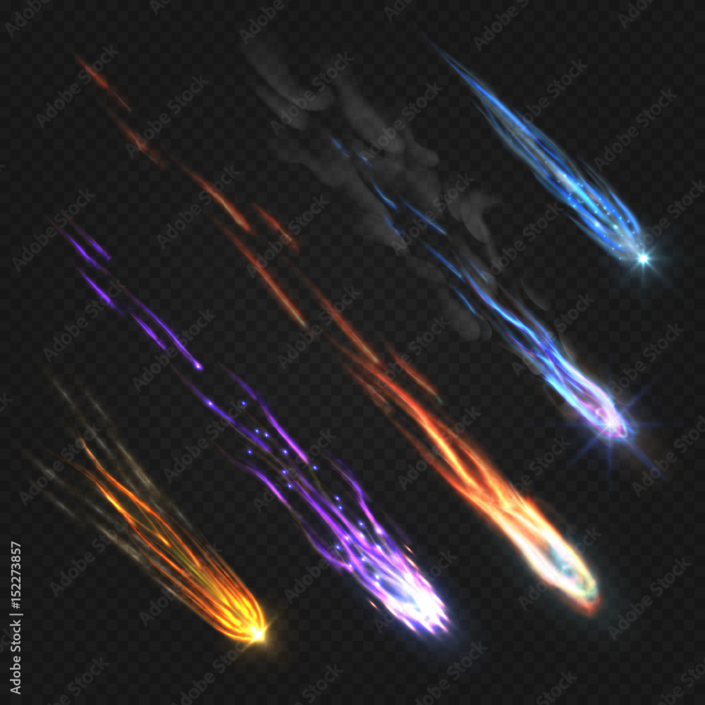 Poster meteors comets and fireballs with fire trails isolated vector set
