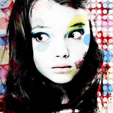 Bright colorful portrait of a thoughtful girl in modern style pop art. Computer design. Contemporary art.