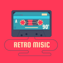 Audio cassette on red background. Retro music 90s.