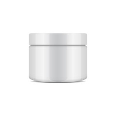 Round white plastic jar with lid for cosmetics. Vector mockup template.