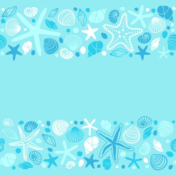 Cute summer background with different shells and starfishes as seamless borders
