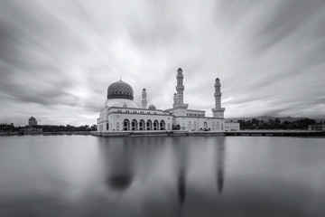 Kota Kinabalu City Mosque (The Floating Mosque) or Masjid Bandaraya Kota Kinabalu. Monochrome and long exposure setting.