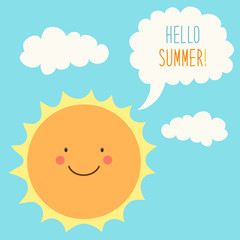 Hello Summer card as cute hand drawn smiling cartoon character of Sun © C Design Studio