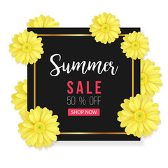 Summer sale background with beautiful yellow flower. Vector illustration template. Banners. Wallpaper. Flyers, invitation, posters, brochure, voucher discount.