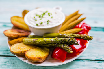 Melitzanosalata, dip and baked vegetables, Greek dish. 