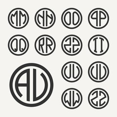 Set 2 of templates from two capital letters inscribed in a circle. From wide lines of the same thickness. To create logos, emblems, monograms. Lineart style
