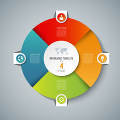 Infographic pie chart circle template with 4 options. Can be used as cycle diagram, graph, web banner, workflow layout