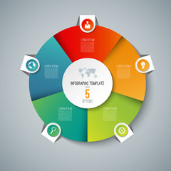 Infographic pie chart circle template with 5 options. Can be used as cycle diagram, graph, web banner, workflow layout