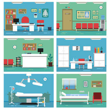 Illustrations of empty medical offices. Different rooms in hospital. Vector pictures set