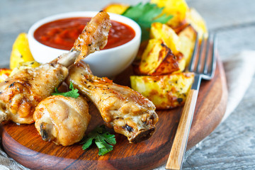 Baked potatoes with chicken and sauce on a wooden board.