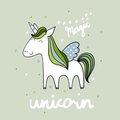 Magic cute unicorn with stars. Vector greeting card. © Tapilipa
