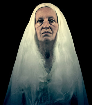 Scary Ghostly Woman Figure Isolated On Black Background