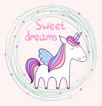 Sleeping Magic cute unicorn. Cute Hand Drawn greeting card.