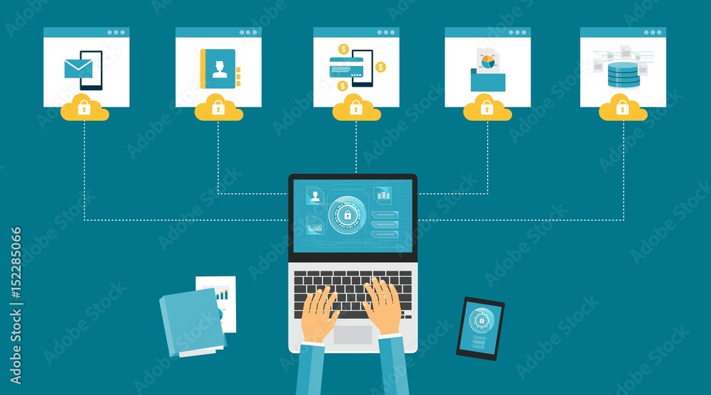 Poster flat vector technology internet cyber security design concept and data security concept with people working 
