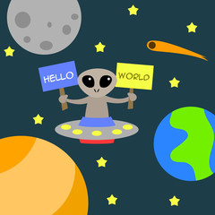 Alien say greeting funny and happy for child and kid cartoon illustration flat