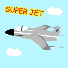 Super flying jet plane for child and kid cartoon illustration flat
