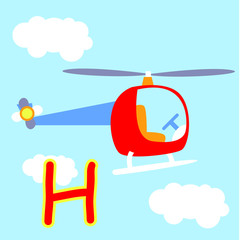 Red helicopter flying on the sky for child and kid cartoon illustration flat