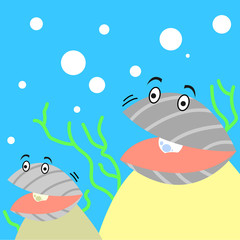 Two little clam with pearl in sea for child and kid cartoon illustration flat