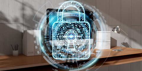 White and digital firewall flying over desktop 3D rendering