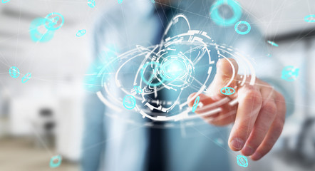 Businessman using flying network connection interface 3D rendering