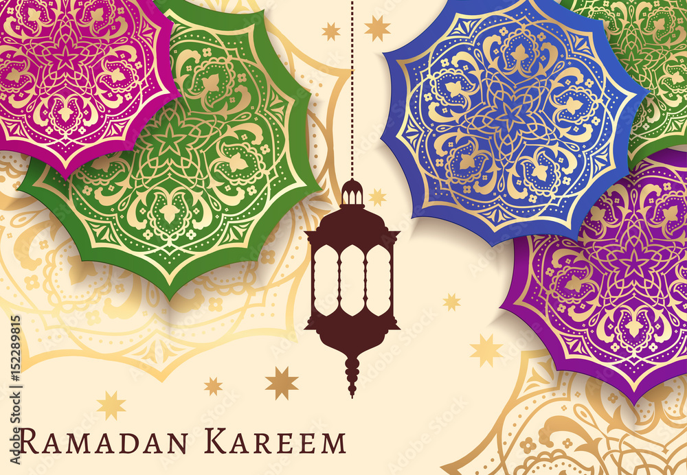 Wall mural Ramadan Kareem celebrate greeting card or illustration with paper cutting style with arabic design patterns and lanterns, arabic lamp. Vector illustration. EPS 10