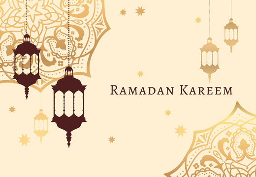 Ramadan Kareem celebrate greeting card or illustration with paper cutting style with arabic design patterns and lanterns, arabic lamp. Vector illustration. EPS 10