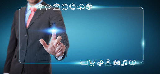 Businessman surfing on internet with digital tactile interface 3D rendering