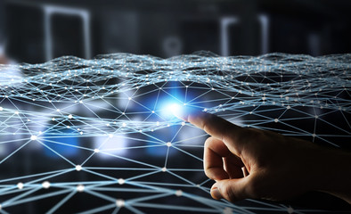Dot flying network touched by businessman 3D rendering