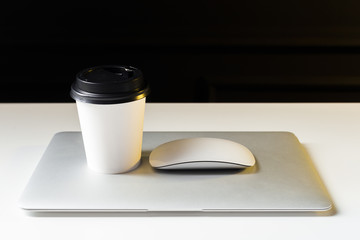 Office leather desk table with computer, supplies