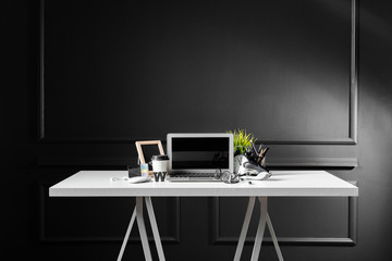 Office leather desk table with computer, supplies