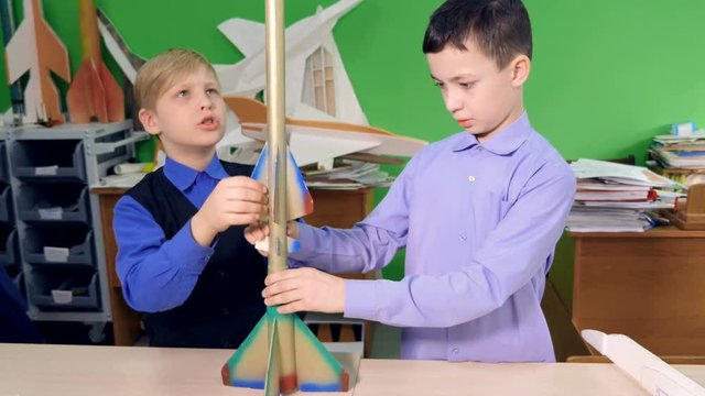 Making of rocket model in the classroom. 4K.