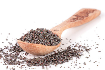 poppy seeds in a wooden spoon isolated on white background