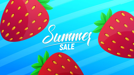 Summer sale layout for banner, advertisement, card, poster etc. Background with strawberries, trendy stripes, gradient background and lettering