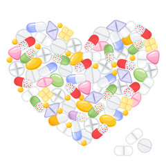 Different colorful medical pills capsules and tablets in heart. Medications collection. vector illustration in flat style.