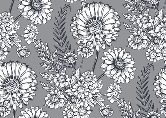 Wall murals Grey Seamless pattern with hand drawn flowers and plants