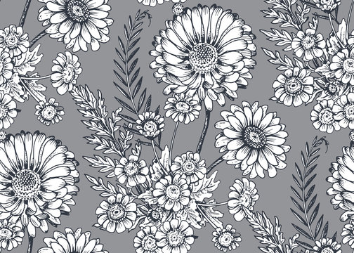 Seamless pattern with hand drawn flowers and plants