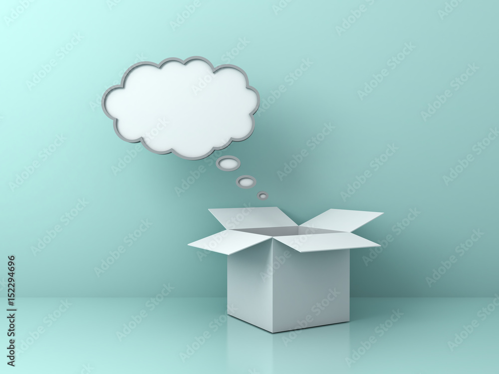 Fototapete Opened box with blank thought bubble over green wall background with reflection , Think outside the box concept . 3D rendering.
