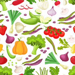 Raw vegetables with sliced pepper eggplant garlic mushroom courgette tomato onion cucumber vector illustration.Seamless pattern on a white background , vegetables illustrations