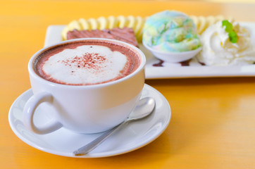 Delicious ice rainbow, brownie, cake, vanilla cream and banana in holiday,select focus