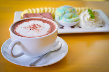 Delicious ice rainbow, brownie, cake, vanilla cream and banana in holiday,select focus