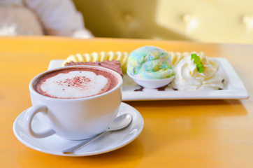 Delicious ice rainbow, brownie, cake, vanilla cream and banana in holiday,select focus