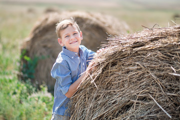 Naklejka na ściany i meble Attractive boy sitting on a haystack and smiling