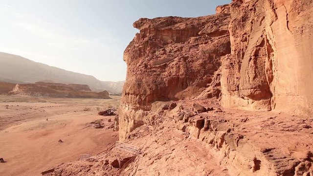 Panorama of the Timna Valley. Solomon's Pillars. Rocks in the red desert of Israel.	