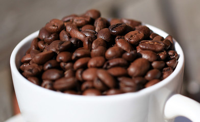 Old coffee grinder and coffee beans close-up.