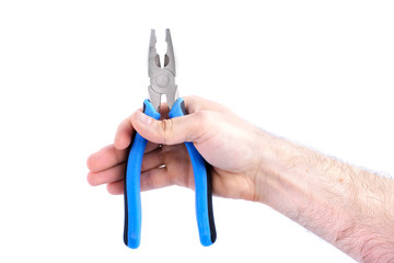 electric tool, man hand holding blue pliers isolated on white background
